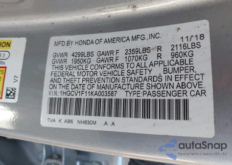 2019 Honda Accord Lx z USA, uszkodzony, nr VIN 1HGCV1F11KA003587